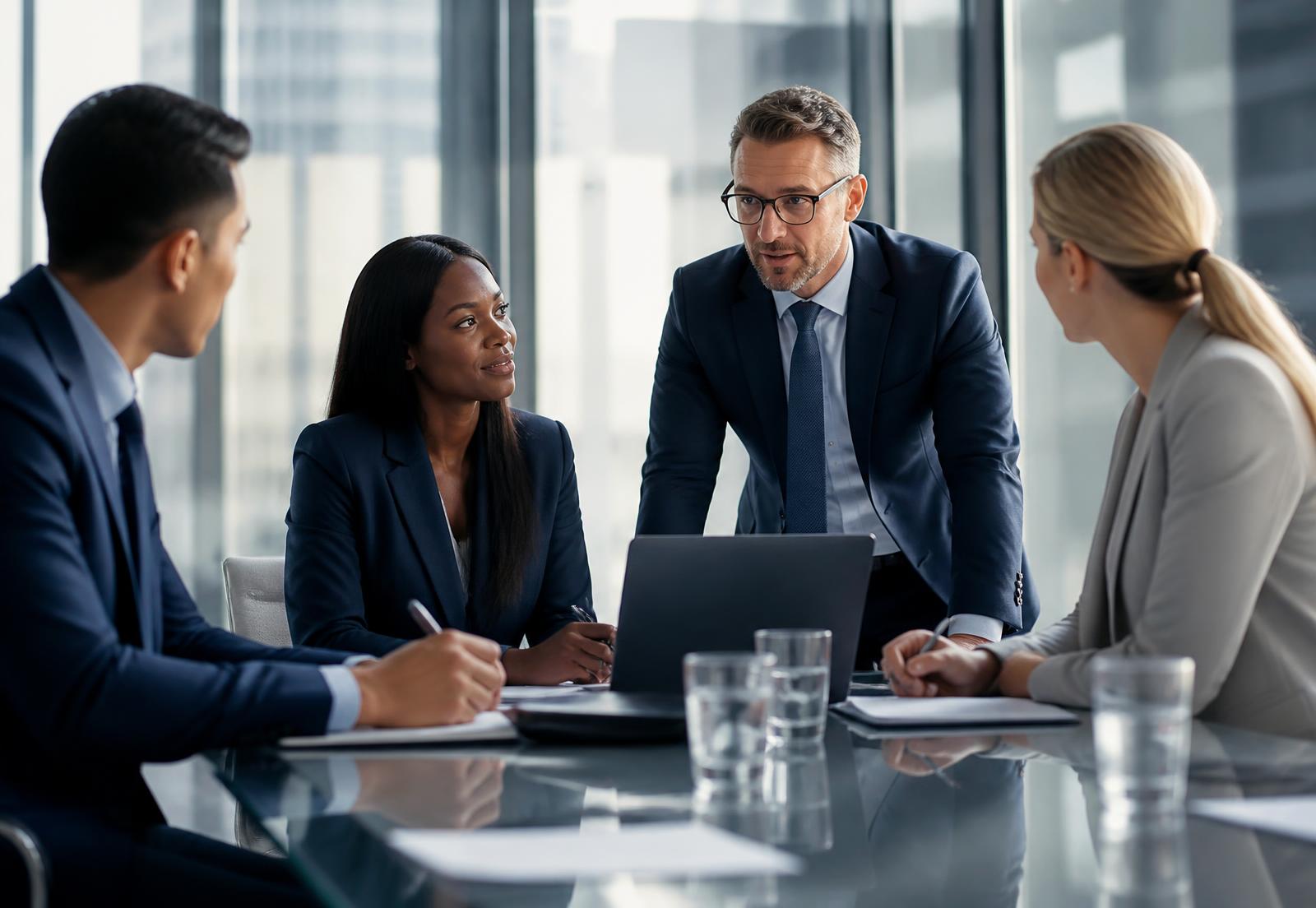 Business professionals collaborating in a modern corporate meeting room